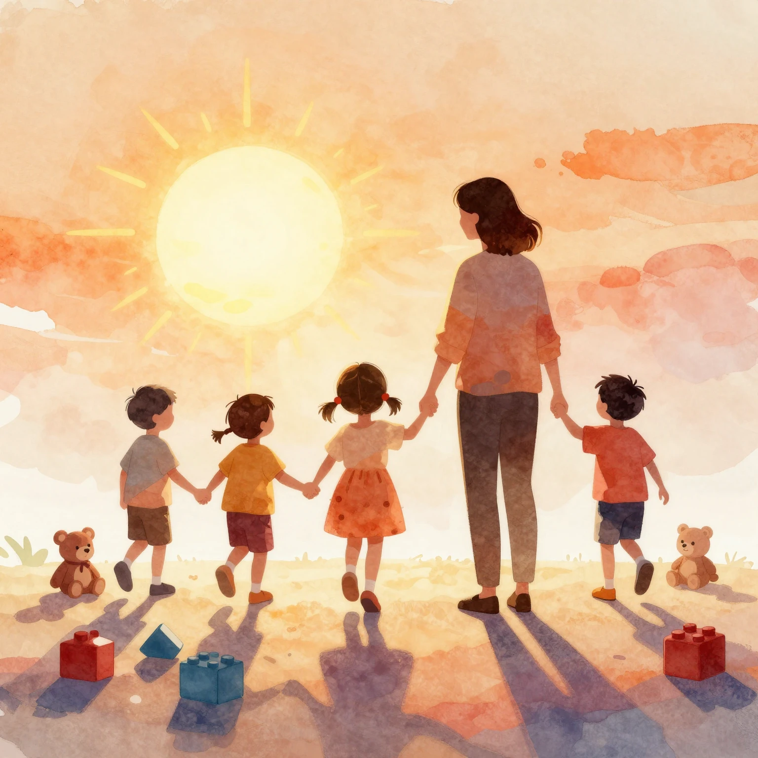 Watercolor silhouette of a kind teacher holding hands with s...