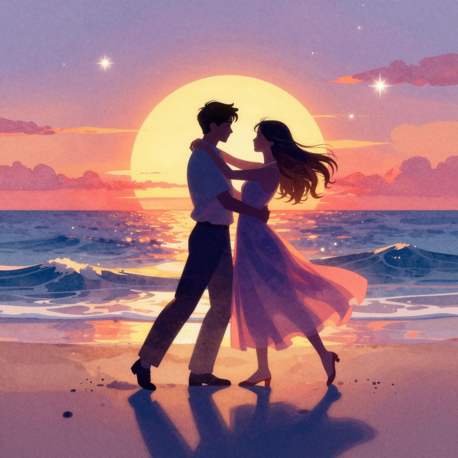 A romantic silhouette of a couple dancing joyfully against a...