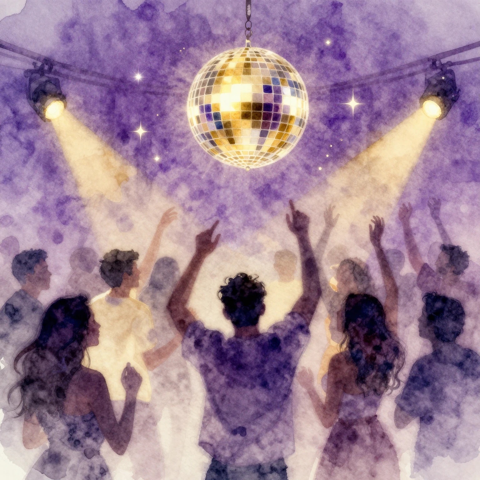 Abstract neon party scene, watercolor medium, glowing purple...