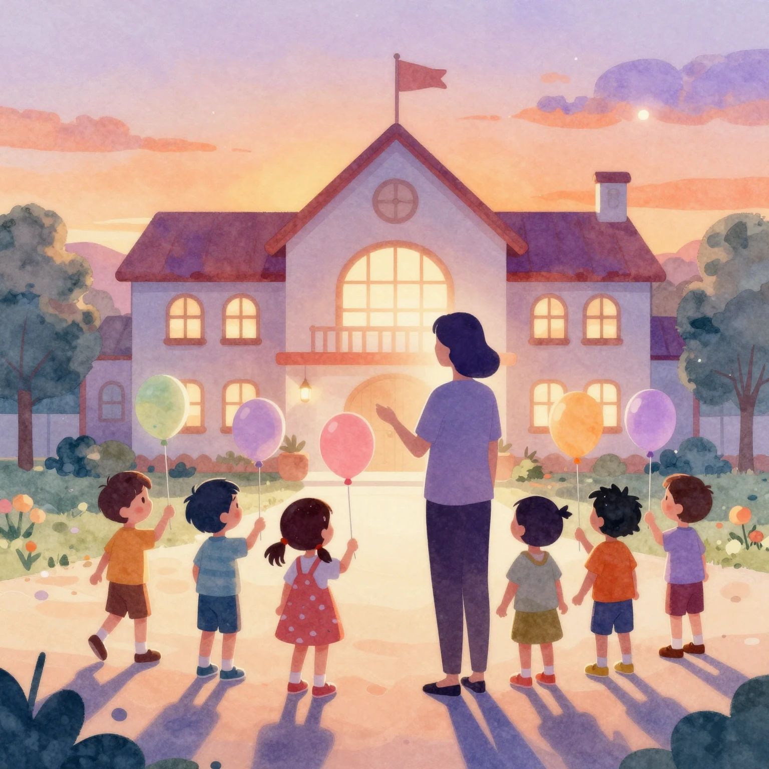 Watercolor painting of a kind teacher silhouette standing wi...