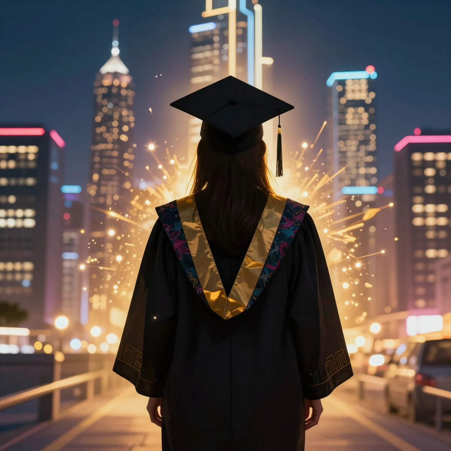 A graduate in a cap, dark silhouette, standing before a glow...