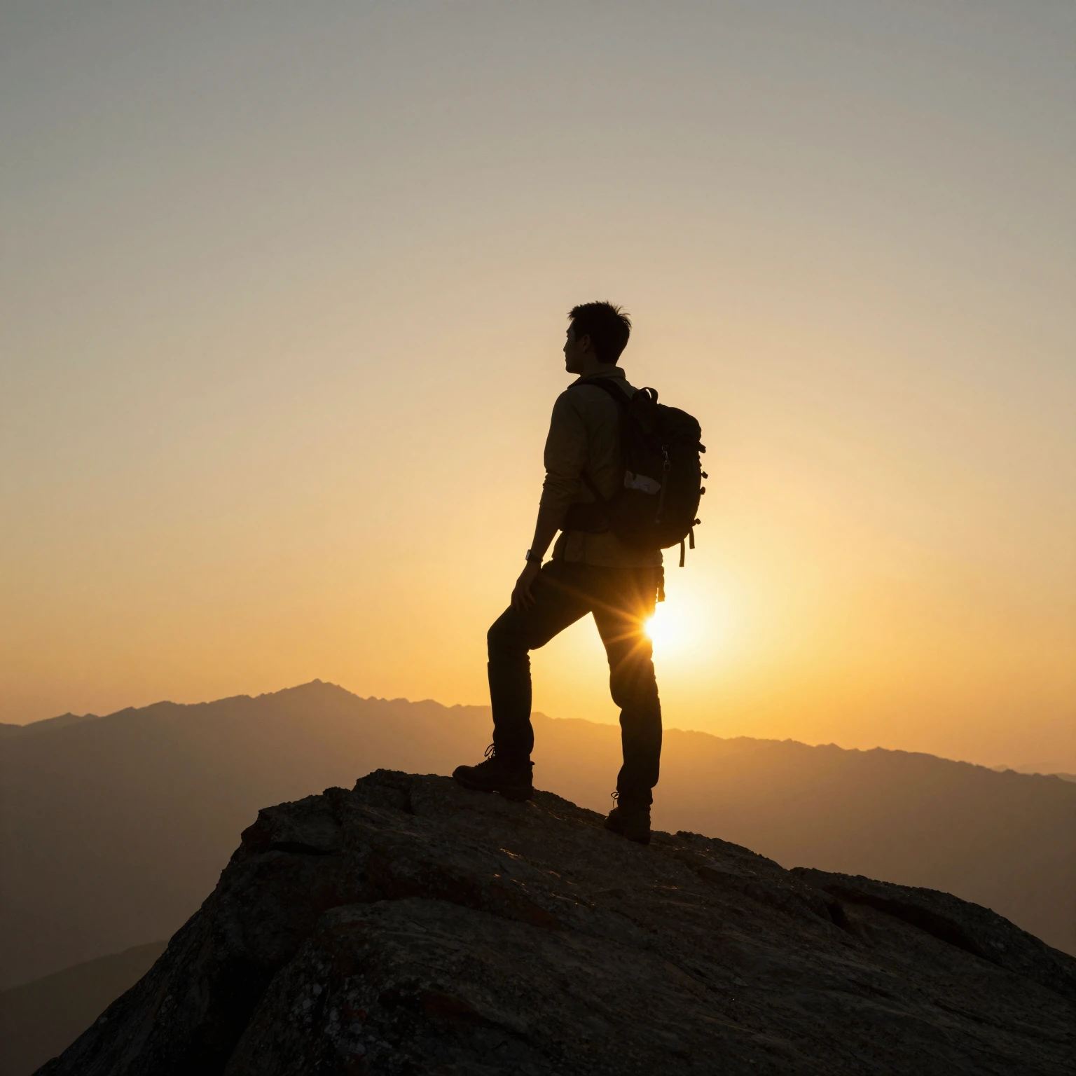 A silhouette of a brave explorer standing on a high mountain...
