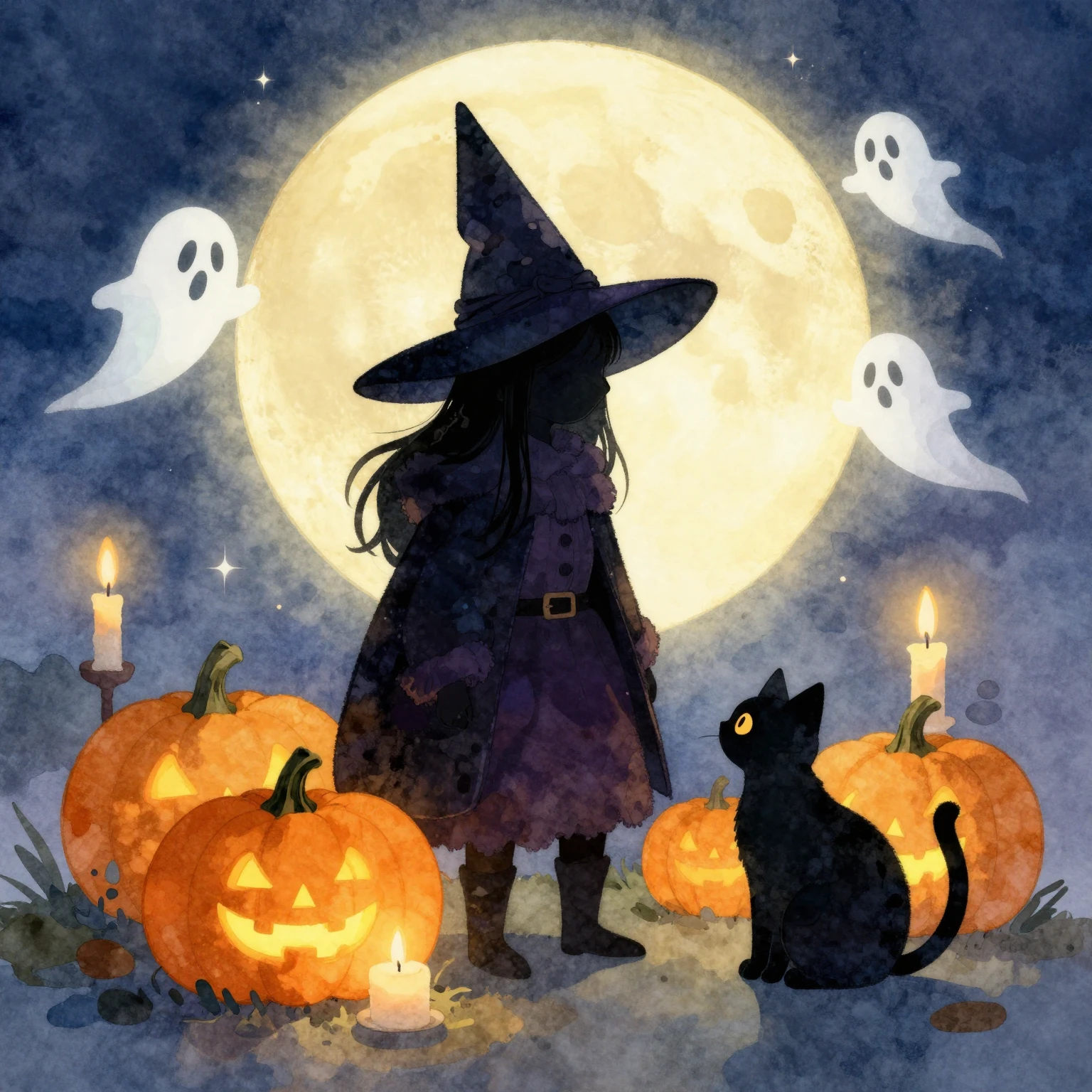 Watercolor style illustration of a friendly witch silhouette...