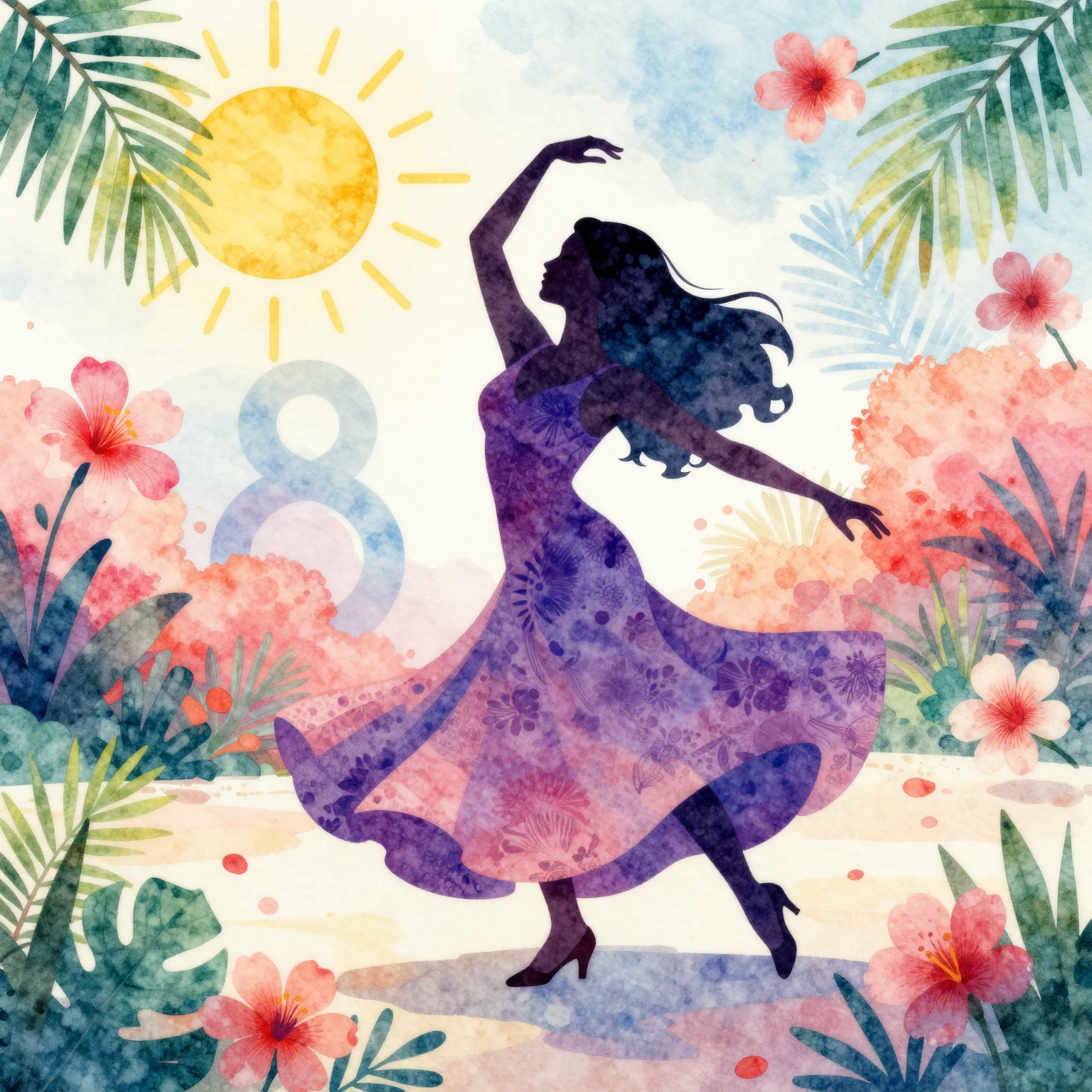 Vibrant watercolor illustration of a silhouette of a woman d...