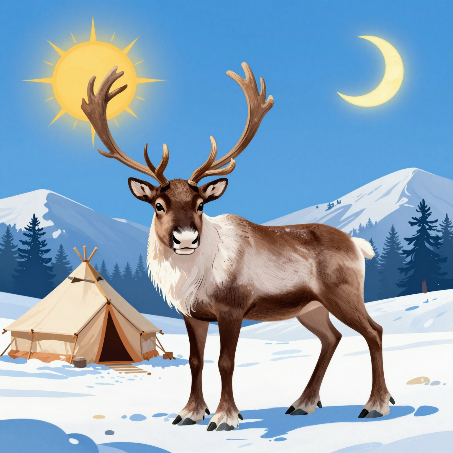 Folk art style illustration of a majestic reindeer with larg...