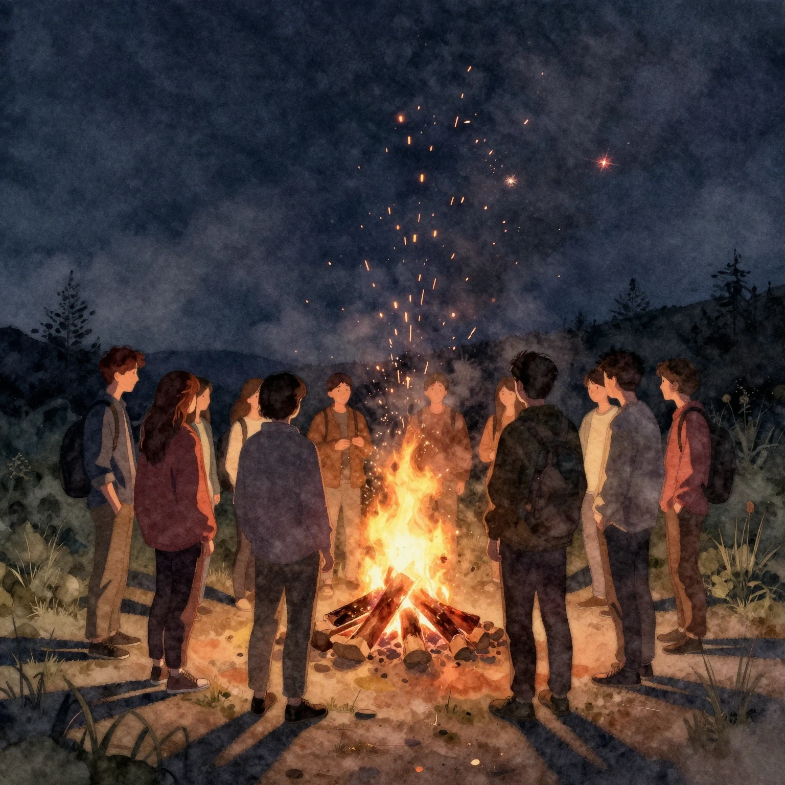 Watercolor style. A silhouette of a group of friends standin...