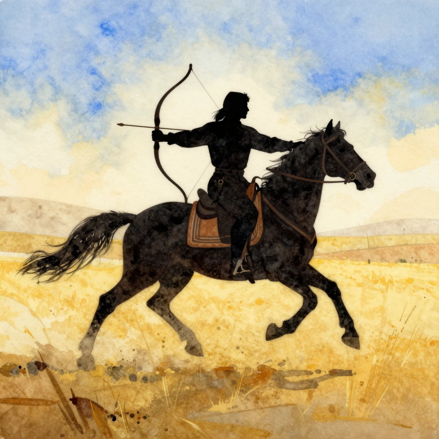 A vibrant watercolor painting showcasing a silhouette of a n...