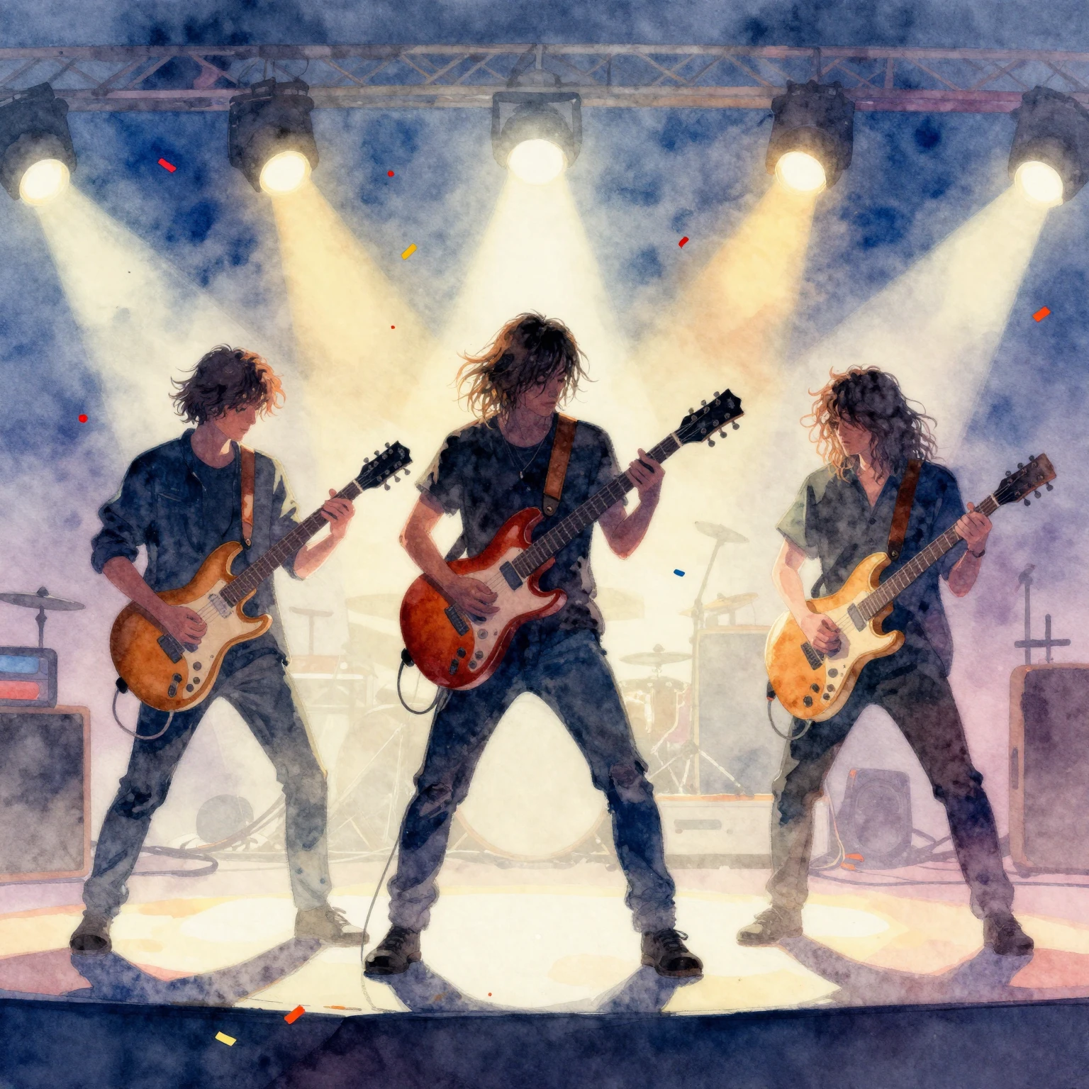 A watercolor painting depicting the energetic silhouettes of...