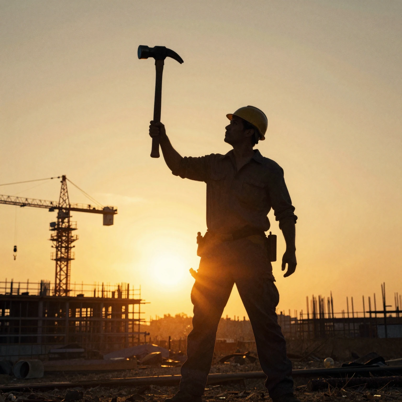 A silhouette of a man with a hammer, depicted against a dram...