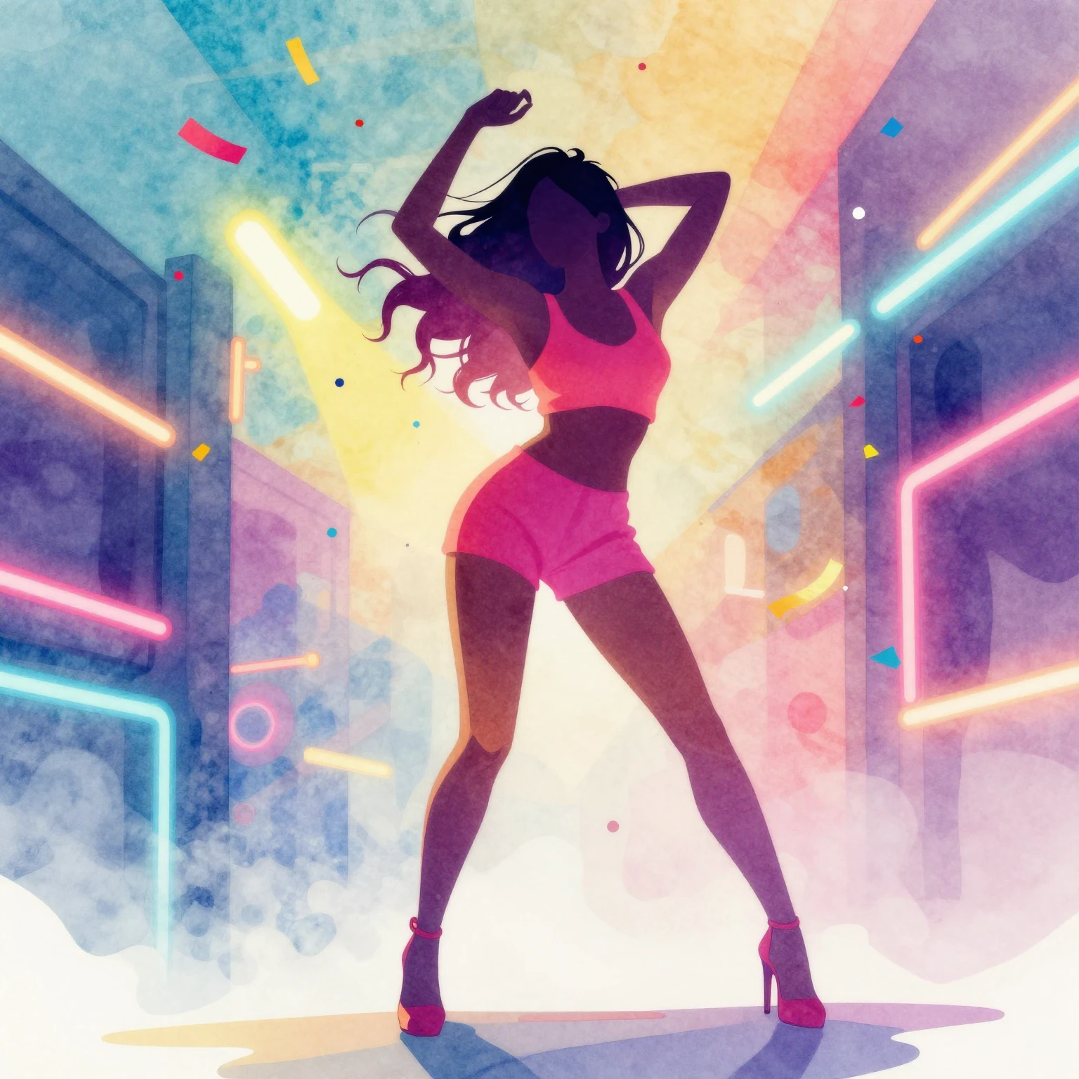 Vibrant watercolor style digital art of a stylish female sil...
