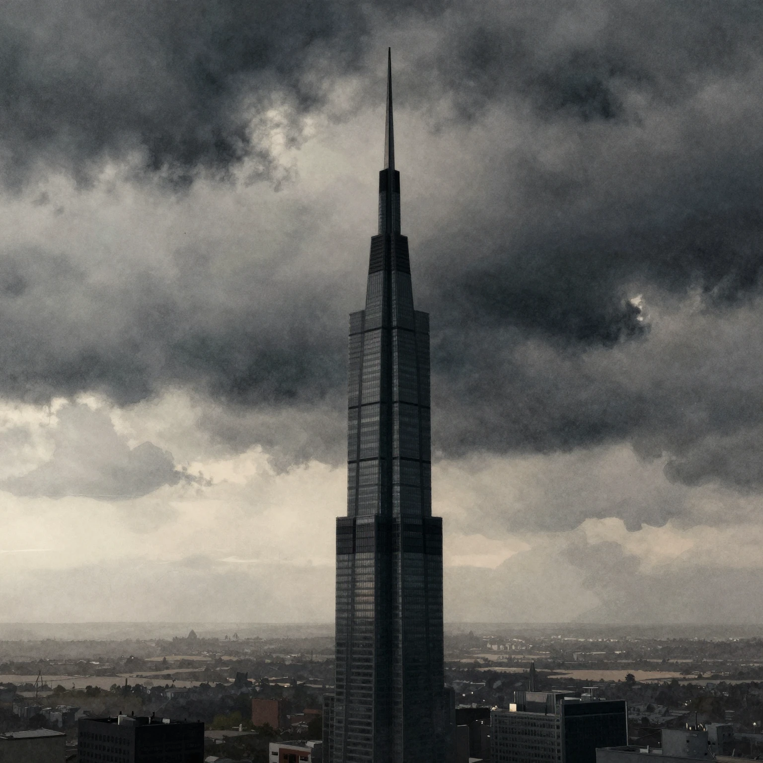 A giant, sharp, dark skyscraper needle piercing through thic...