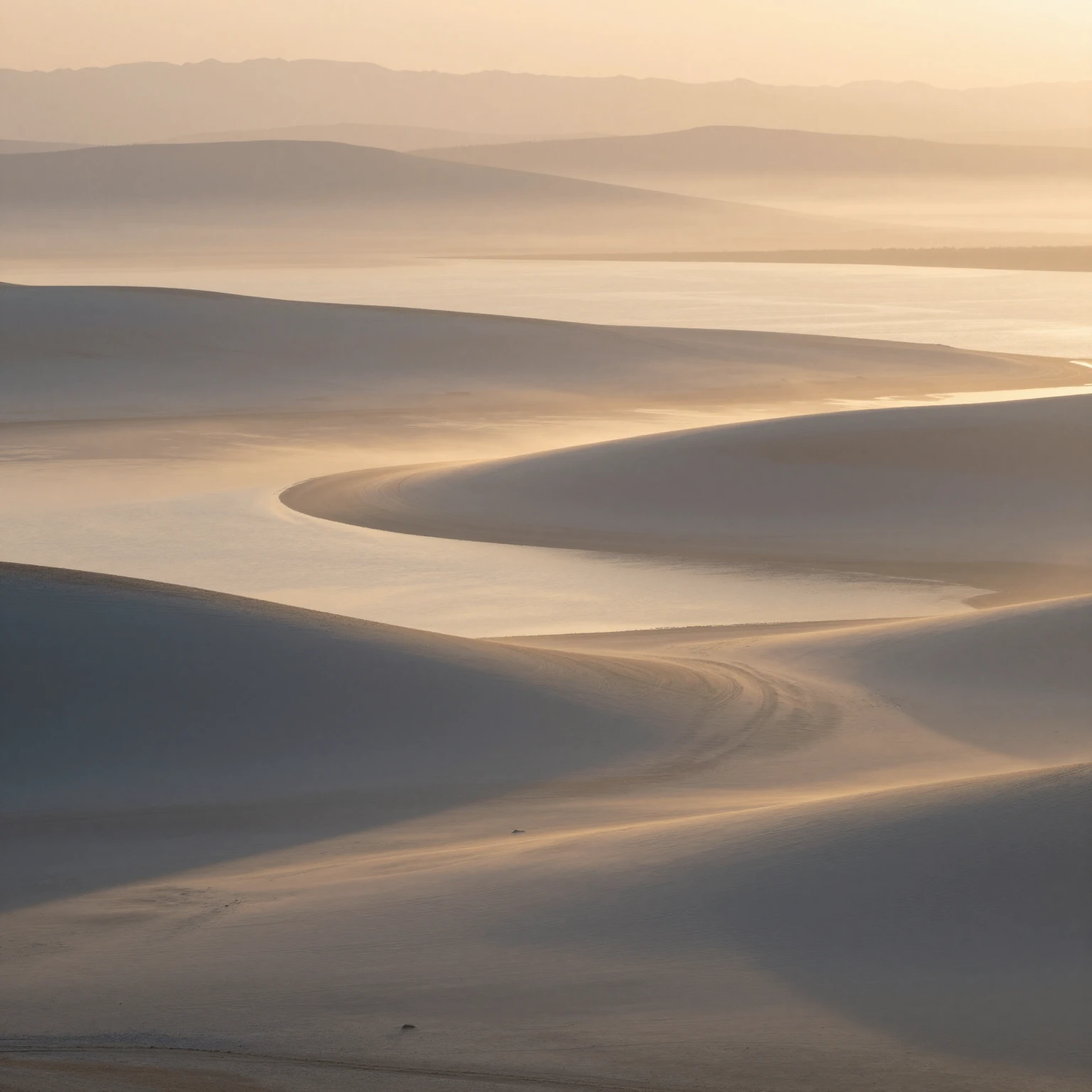 A serene landscape with soft, glowing light, perhaps a sunri...