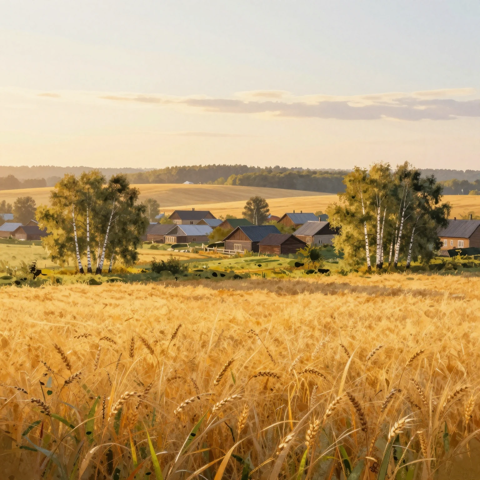 A picturesque Russian village landscape at sunrise, vibrant ...