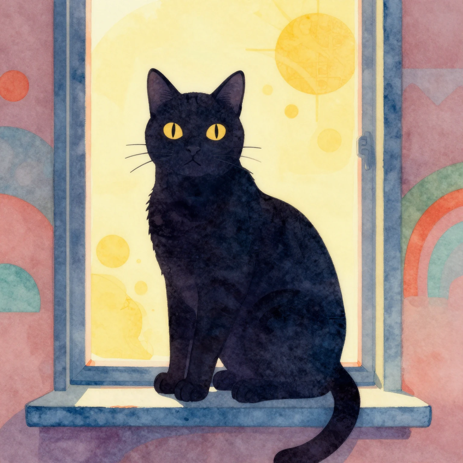 Artistic watercolor illustration of a stylized cat silhouett...