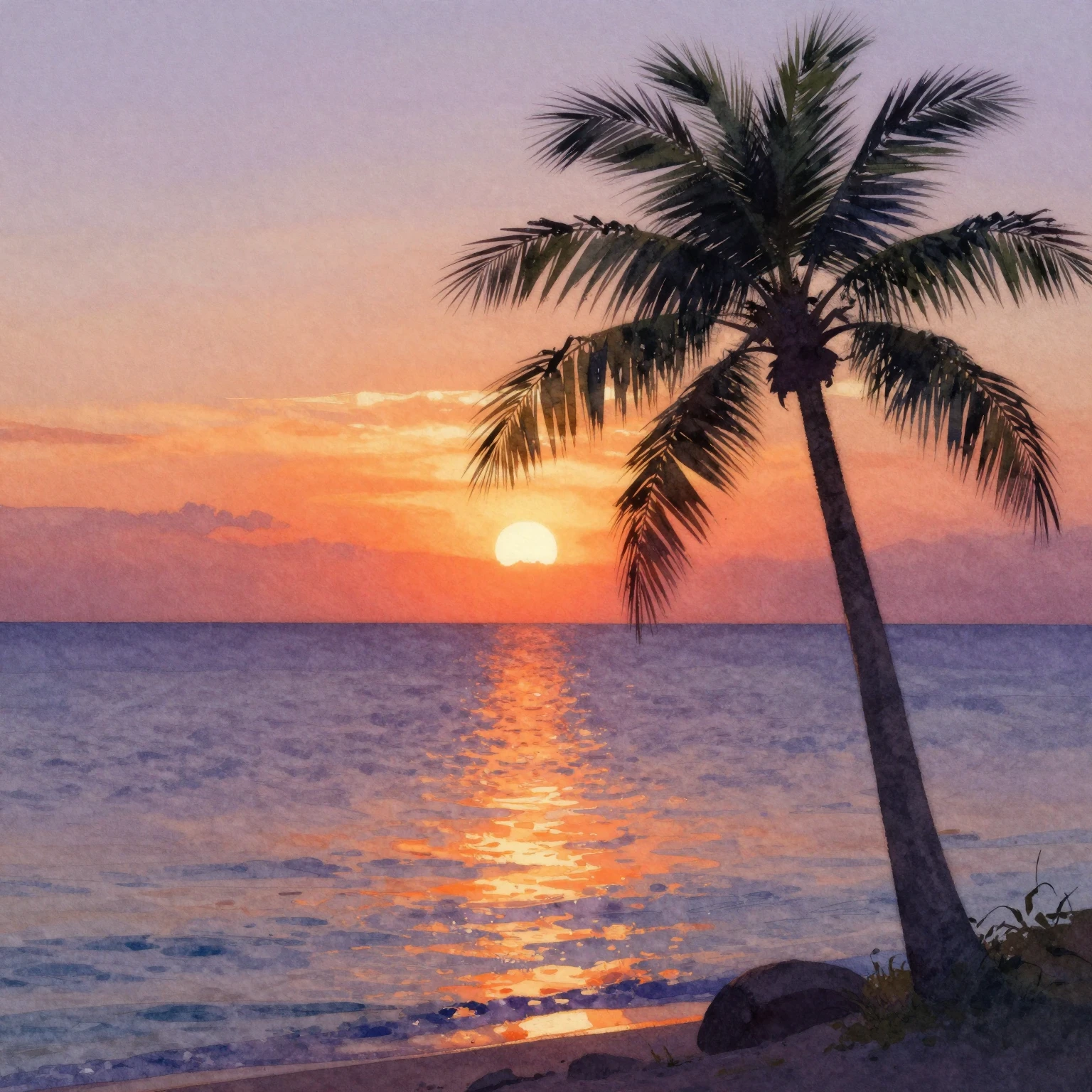 A beautiful watercolor painting of a sunset over a calm ocea...