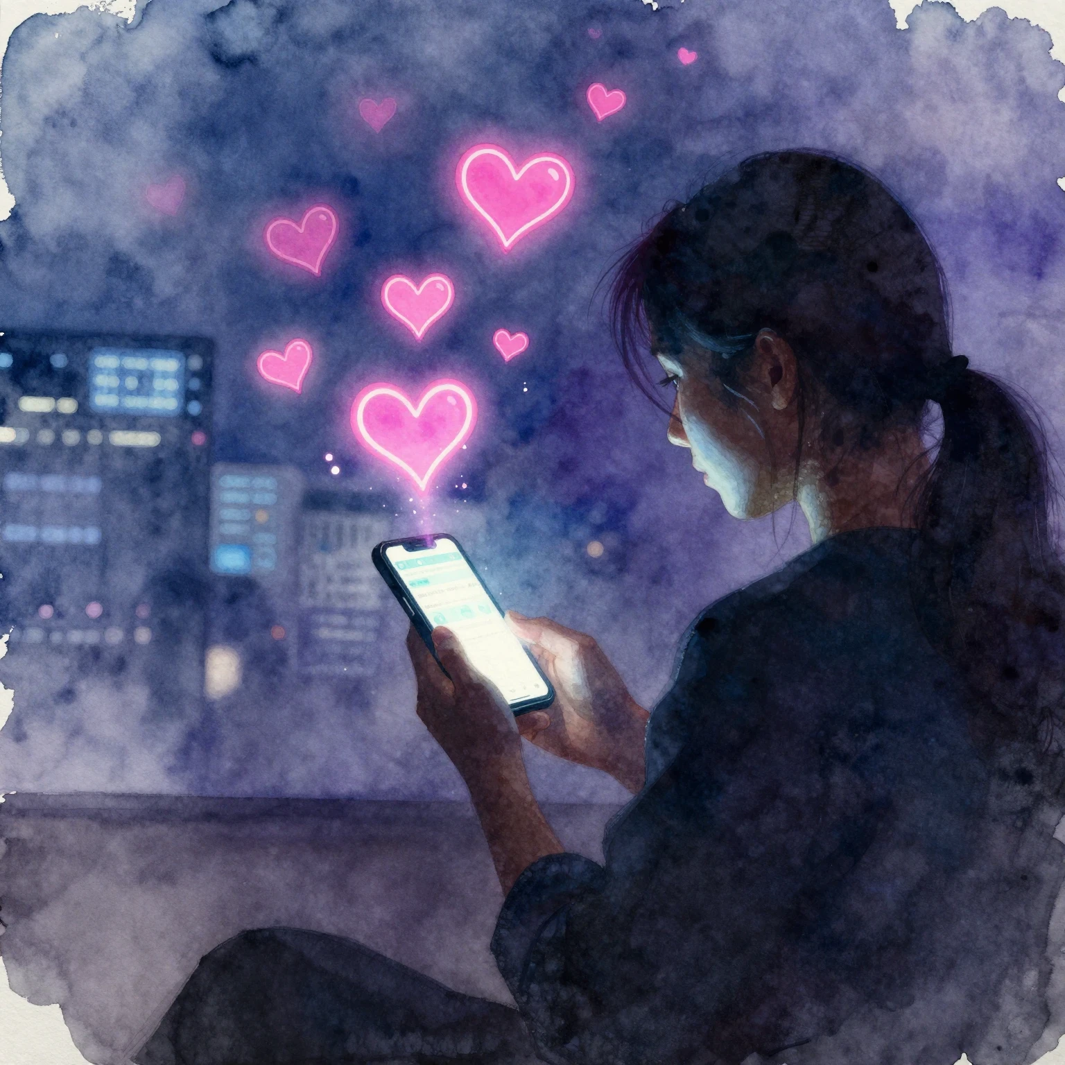 Watercolor painting of a person's silhouette in a dark room,...