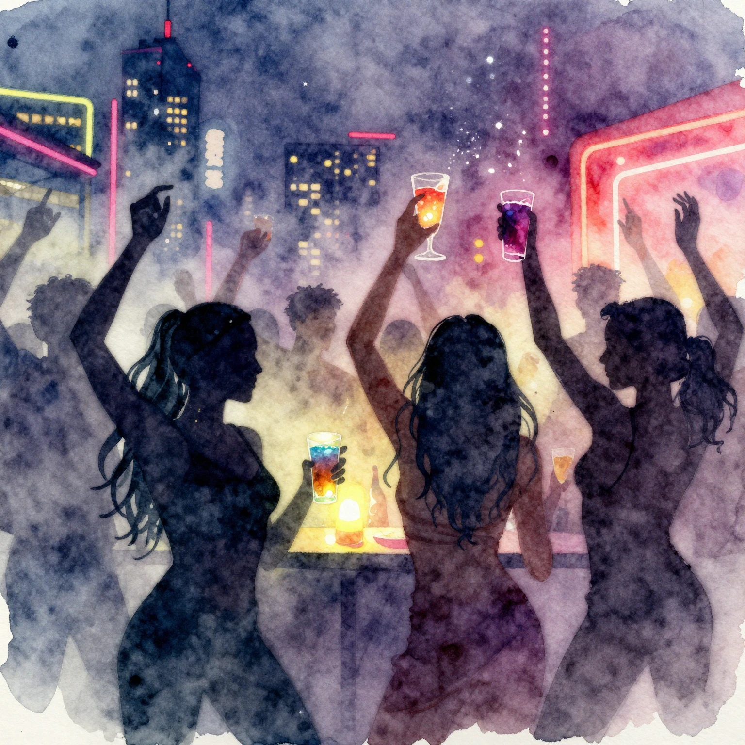 Watercolor painting depicting strong club vibes. Energetic s...