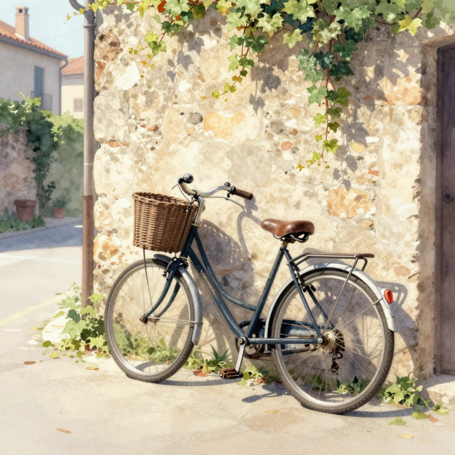 A solitary vintage bicycle with a rustic basket, leaning aga...