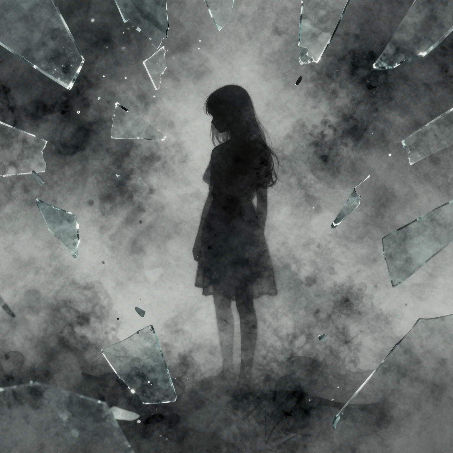 A dark silhouette of a teenage girl standing in a void, surr...
