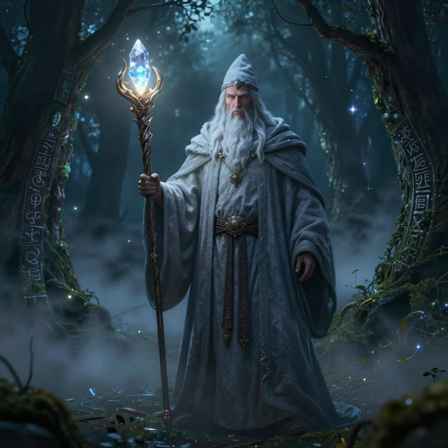 A wise wizard in a flowing cloak, holding a glowing staff wi...