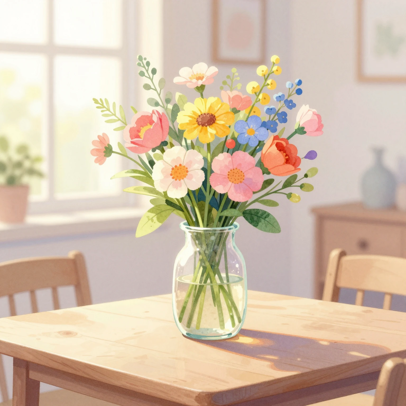 A vibrant watercolor illustration of a beautiful vase filled...