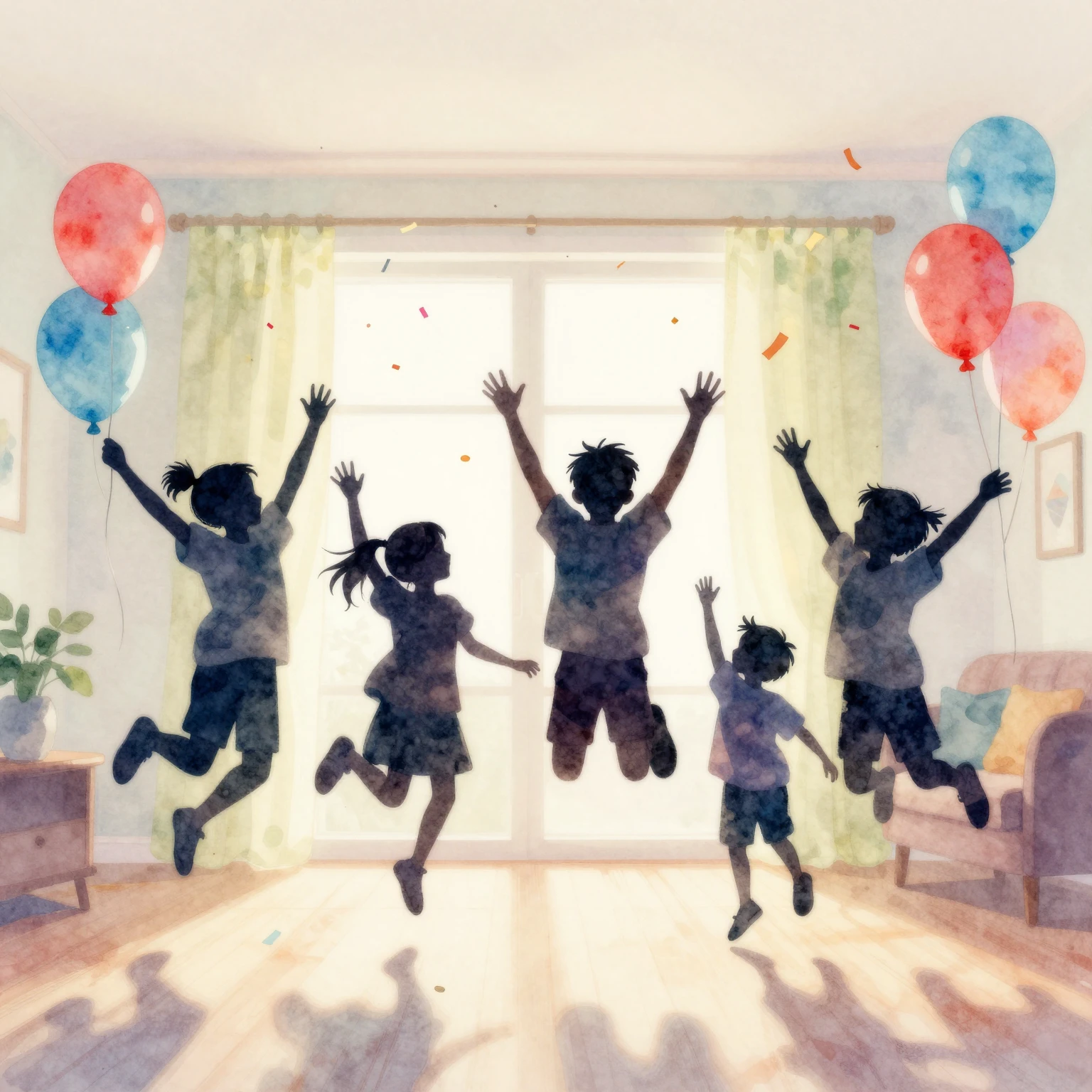 Watercolor style illustration of silhouettes of children jum...