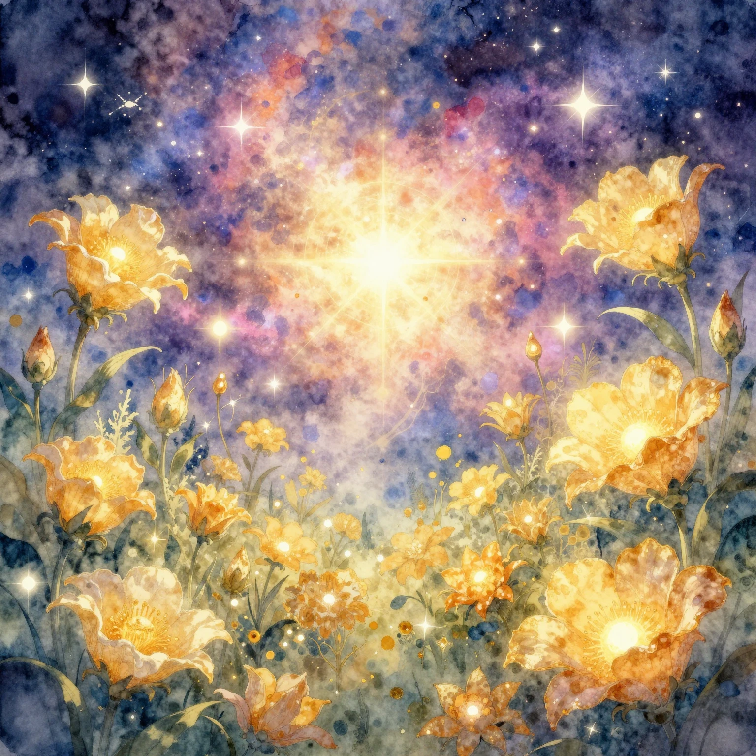 Vibrant watercolor and ethereal folk art style. A celestial ...