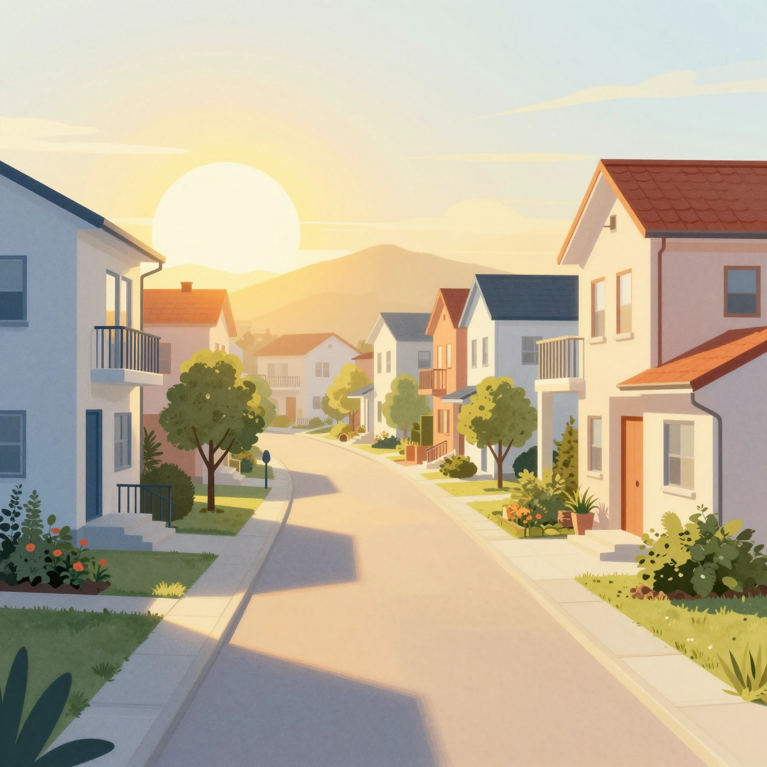 Vibrant watercolor style illustration of a cozy suburban str...
