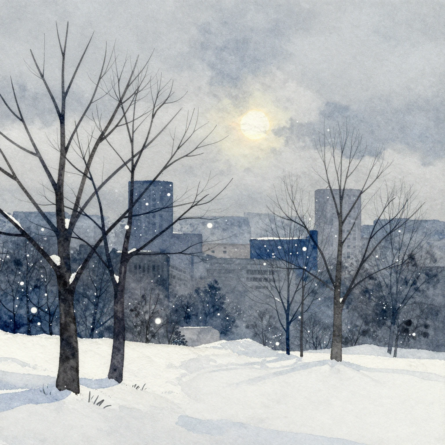 A watercolor painting of a winter city landscape. Focus on t...