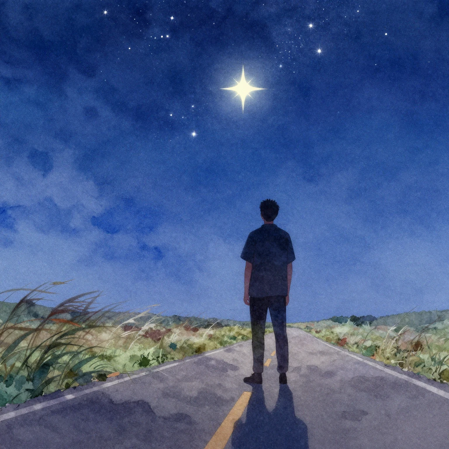 Vibrant watercolor. A silhouette of a man standing on a road...