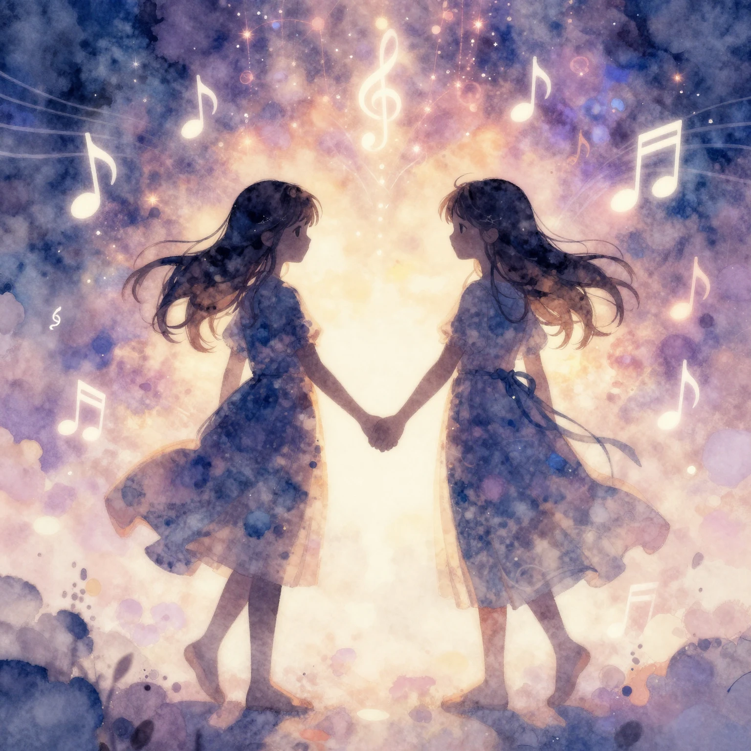 An artistic watercolor illustration depicting two sisters, s...