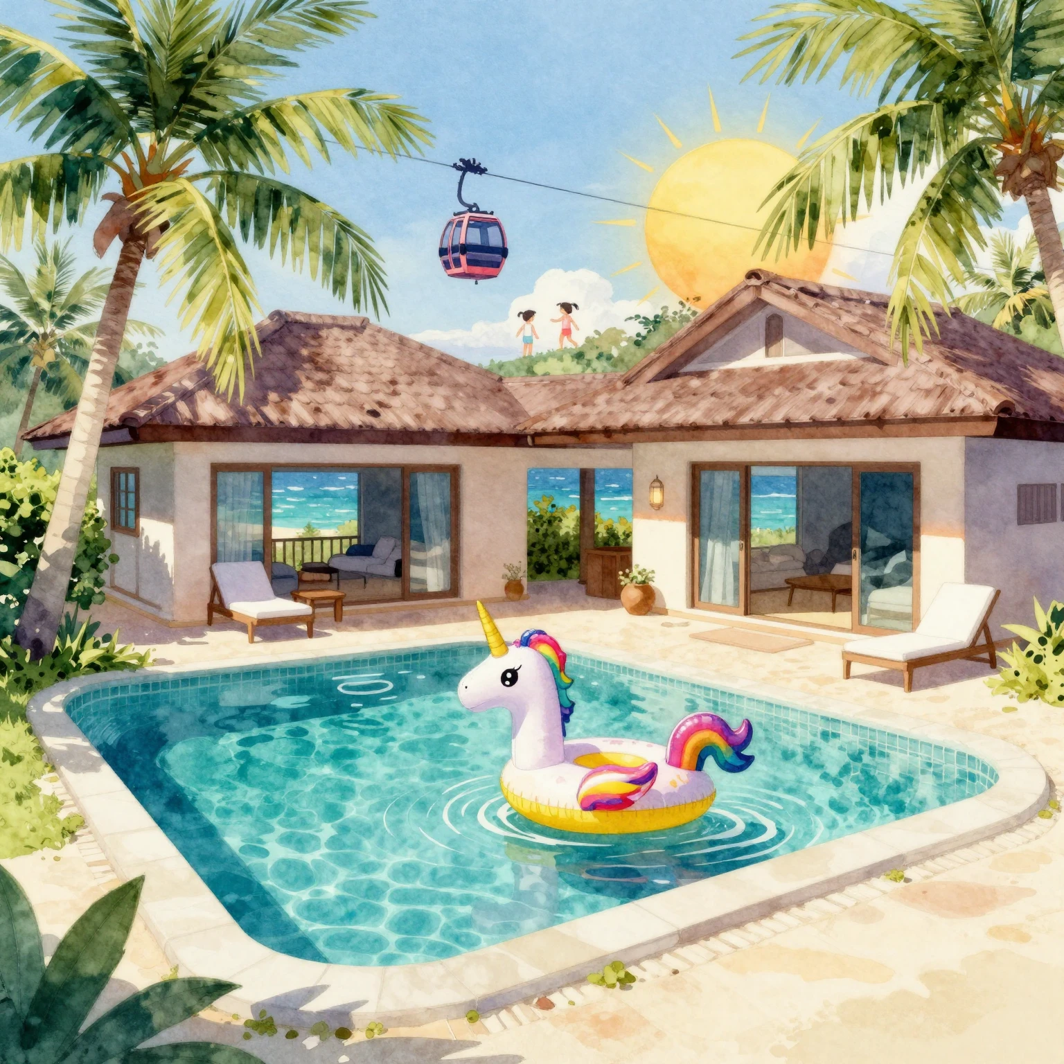 A vibrant tropical vacation scene in watercolor style, featu...