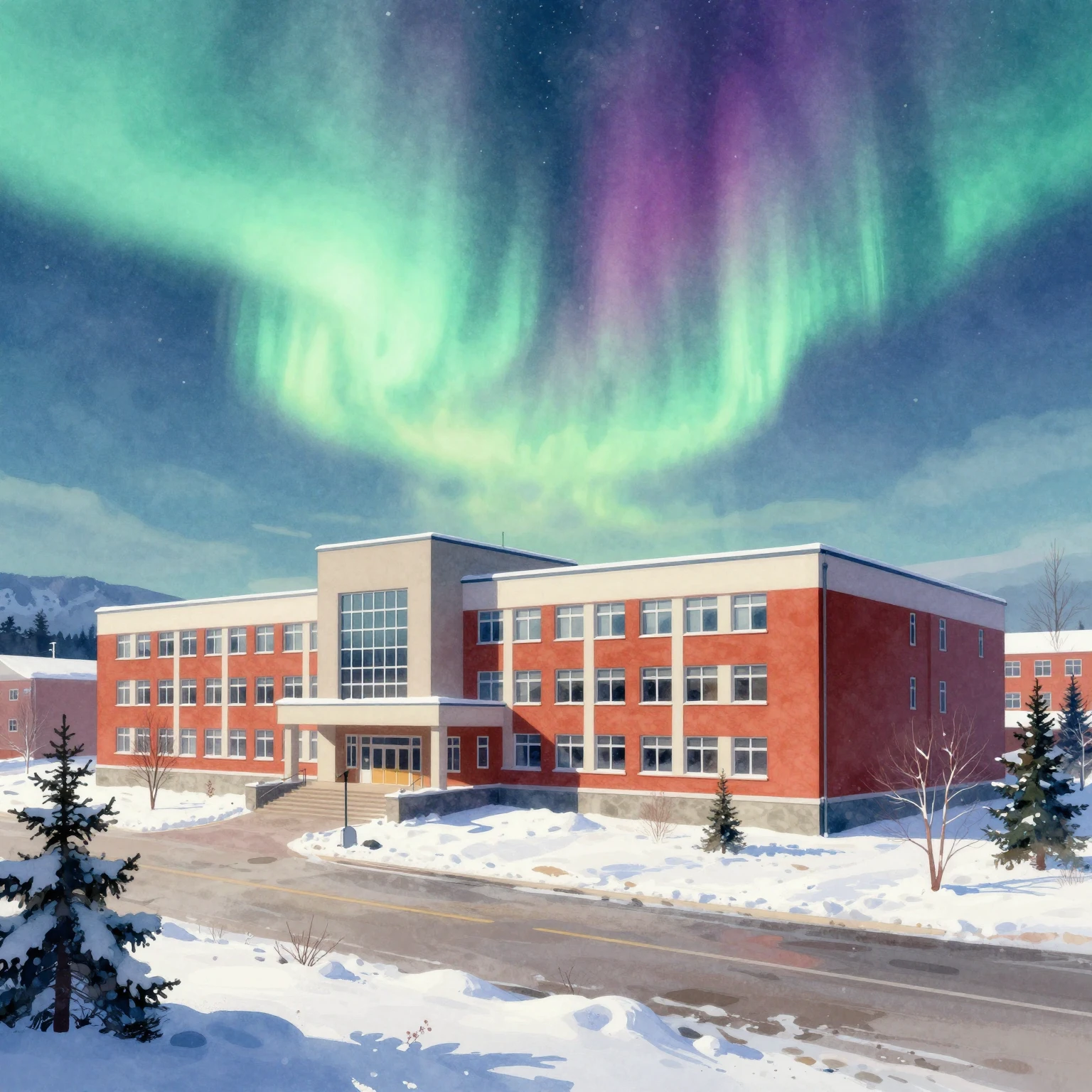 Vibrant watercolor digital art of a modern school building i...