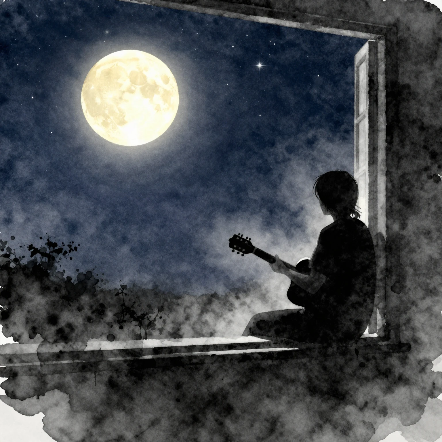Vibrant watercolor style. A lonely glowing moon in a starry ...