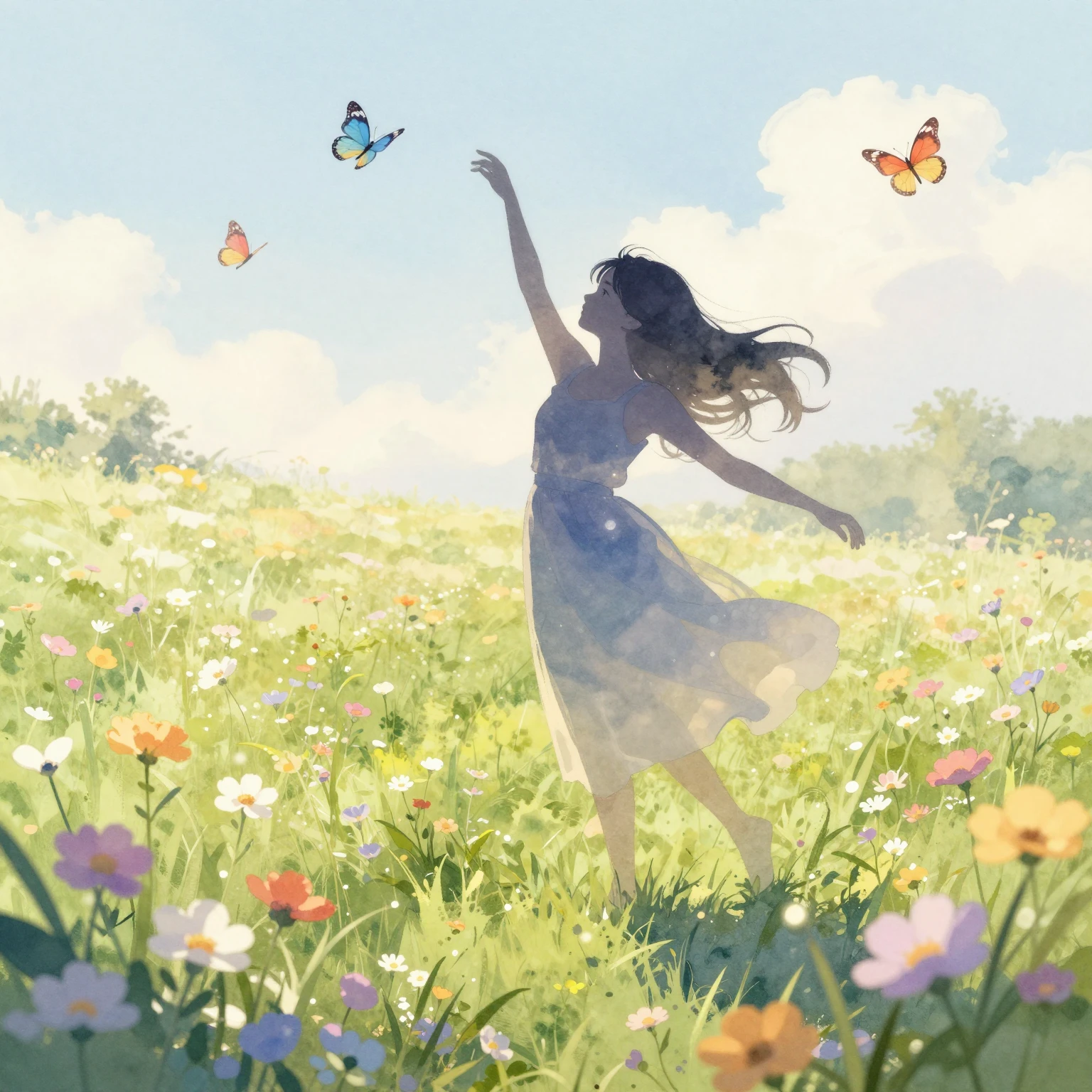 A silhouette of a girl dancing joyfully in a bright, sunny m...