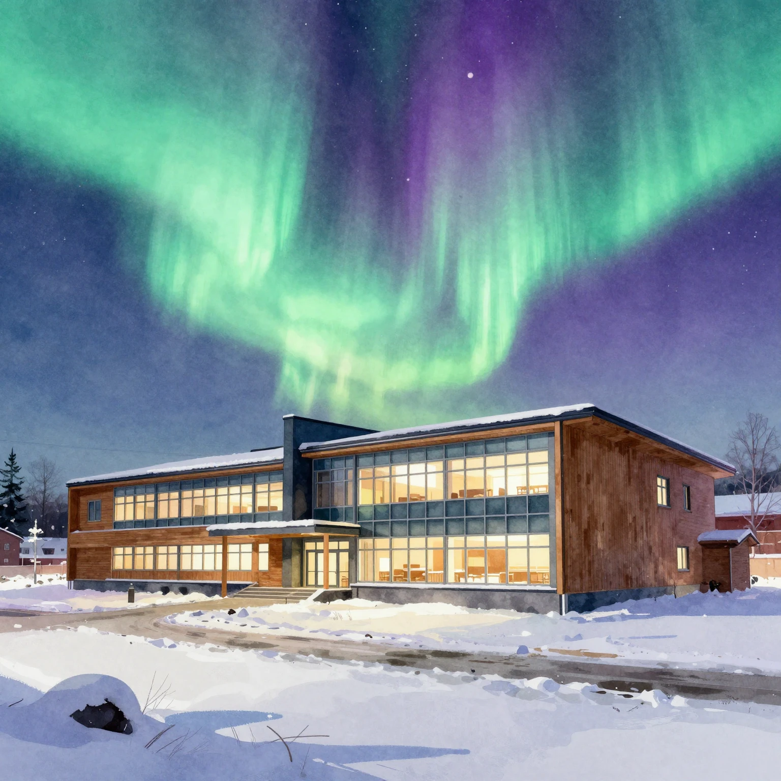 Vibrant watercolor digital art of a modern school building i...