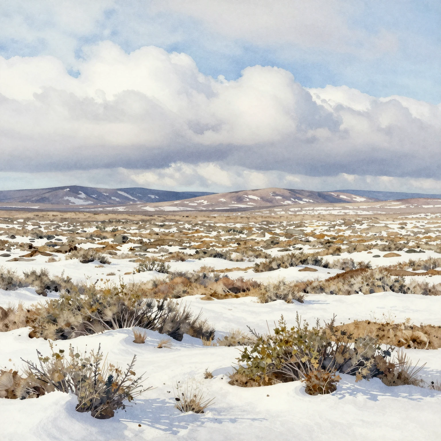 Watercolor painting depicting a vast, cold tundra landscape ...