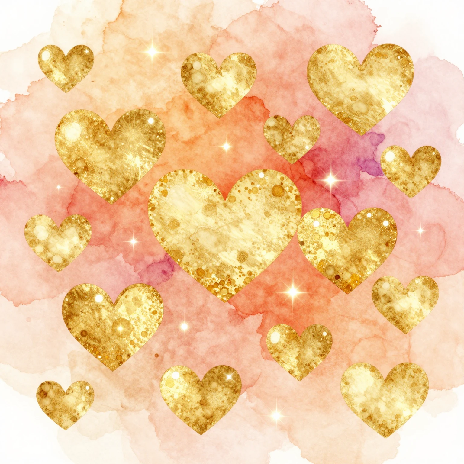 A vibrant watercolor painting filled with golden hearts and ...