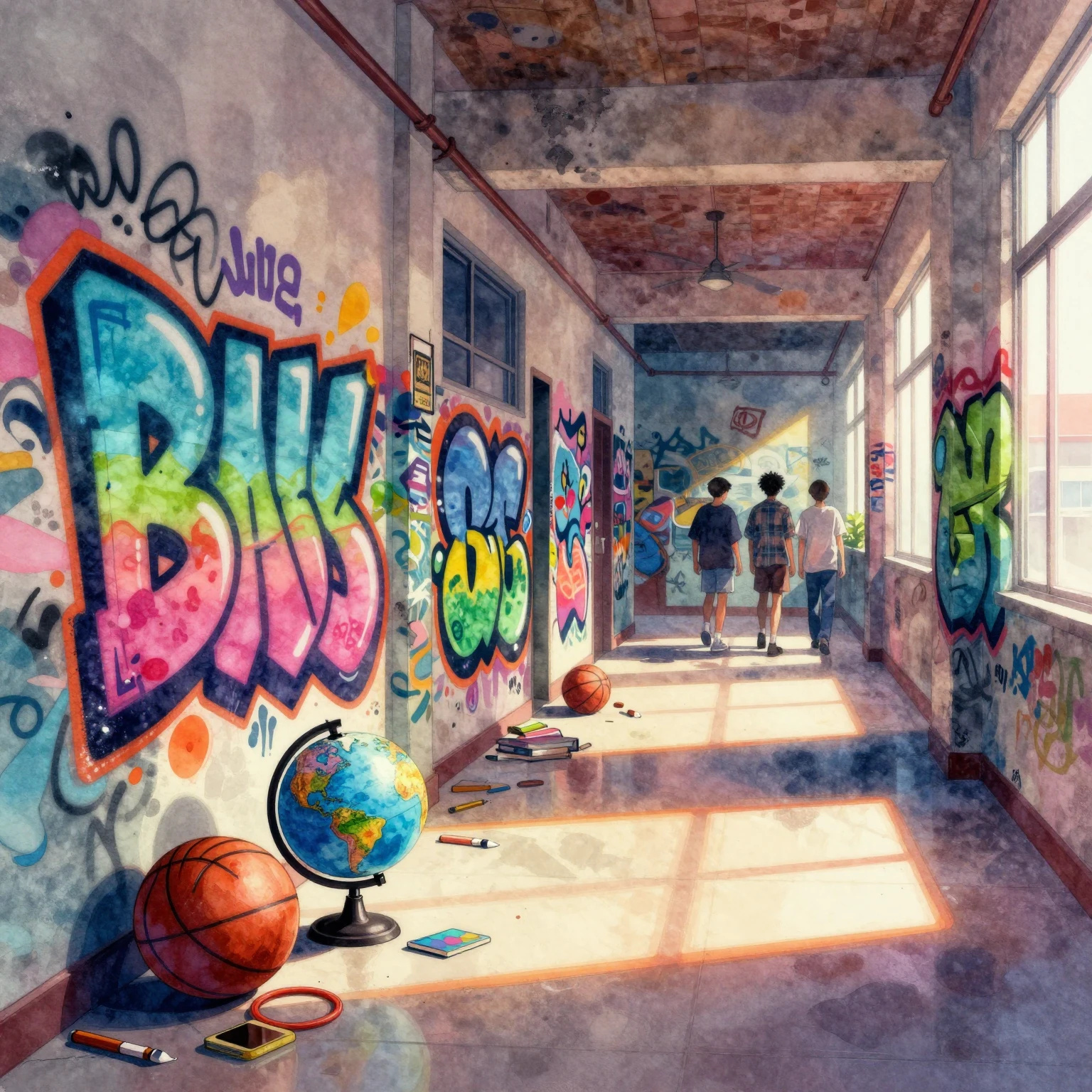 A stylized watercolor illustration focused on vibrant urban ...
