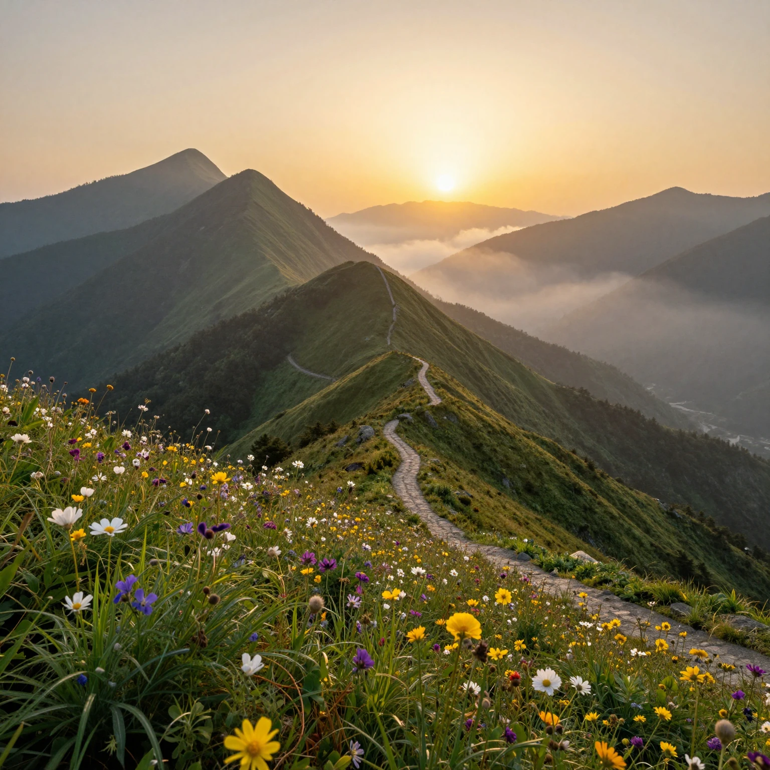 A breathtaking mountain landscape at sunrise with a winding ...