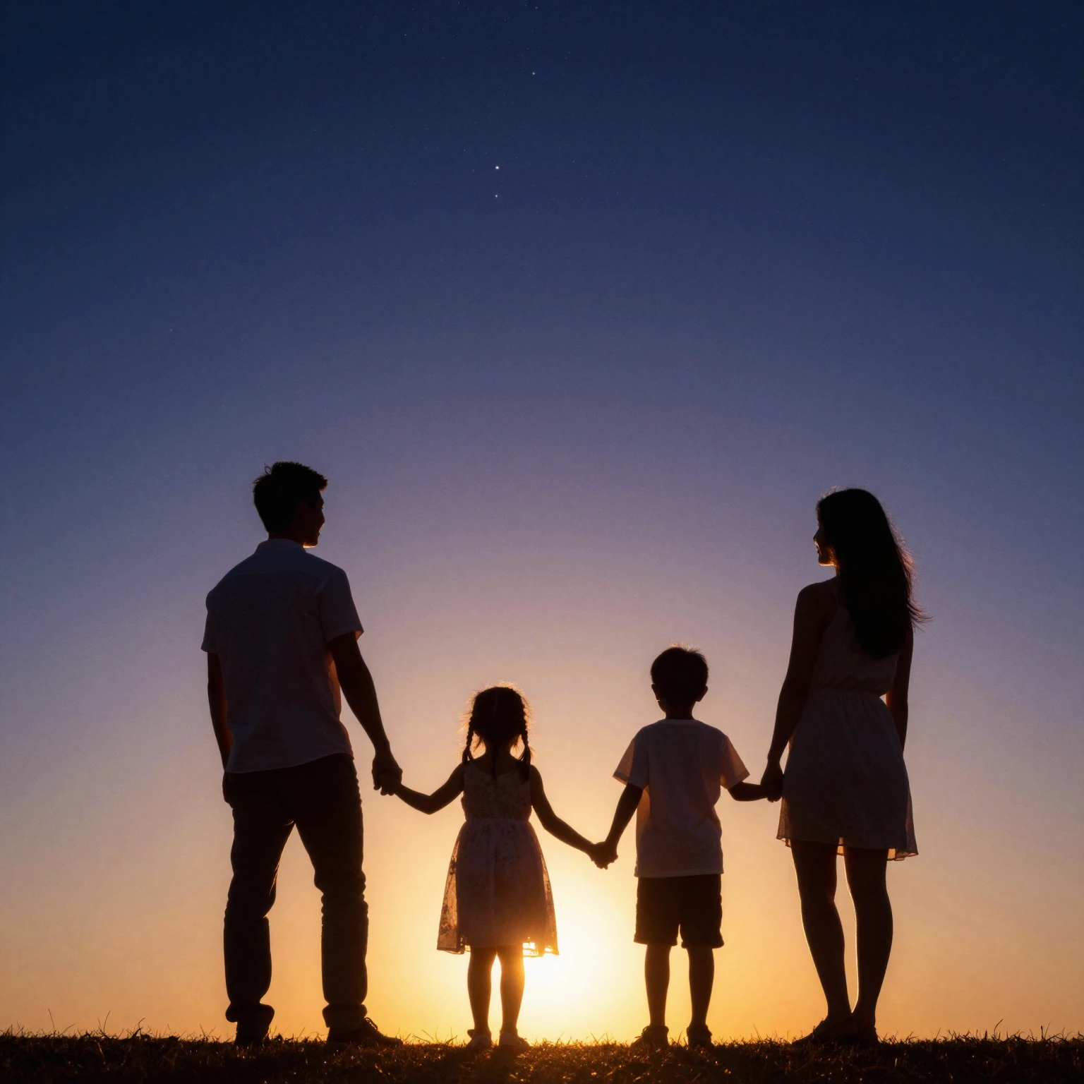 A warm glowing silhouette of a family of four standing toget...