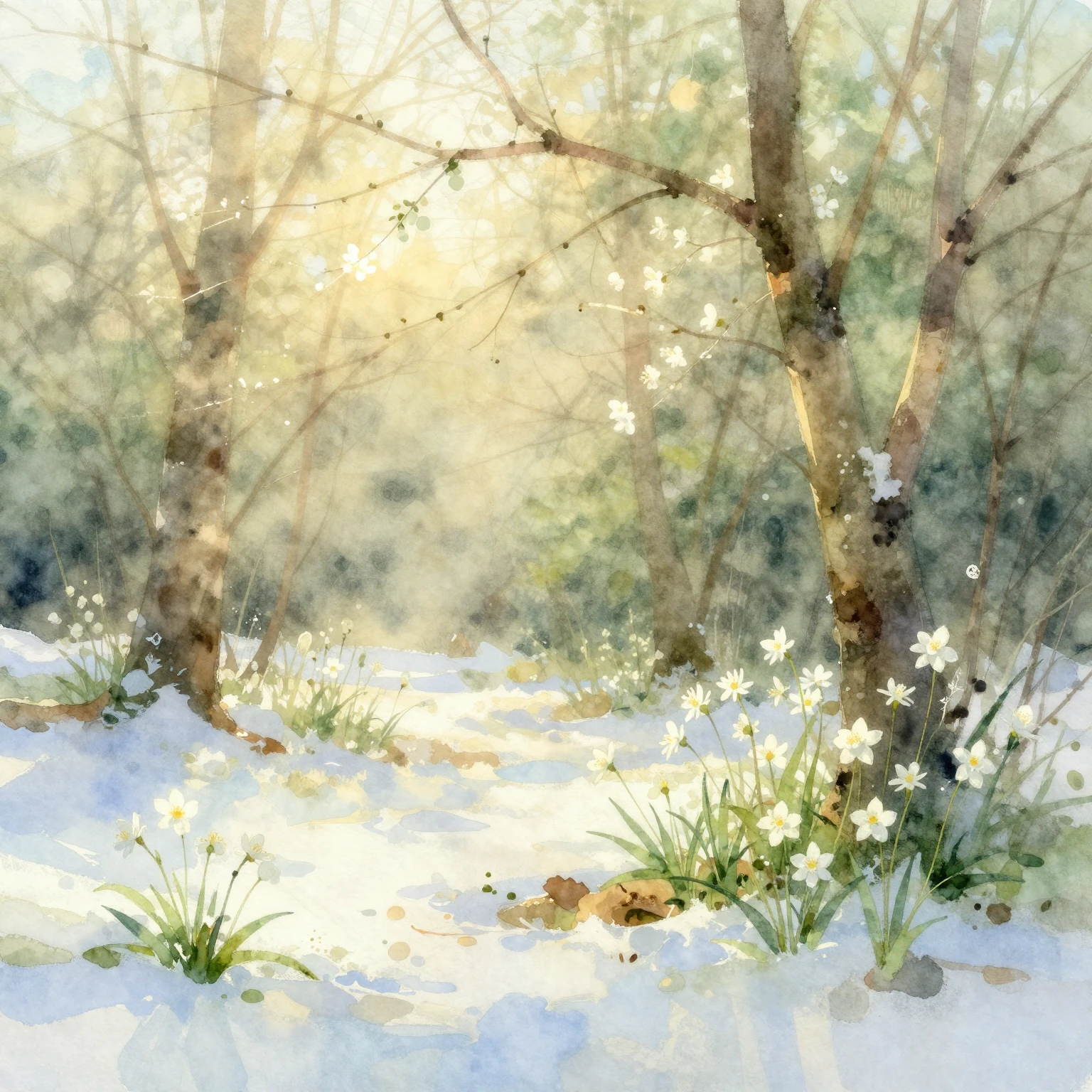 Ethereal watercolor painting of an early spring forest scene...