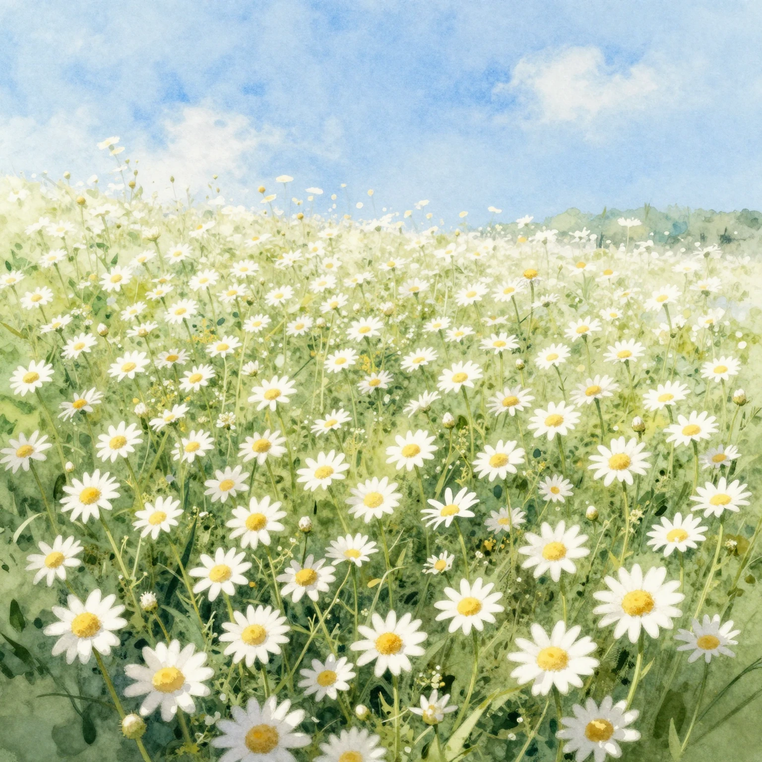 Watercolor painting of a vast field of white chamomile flowe...