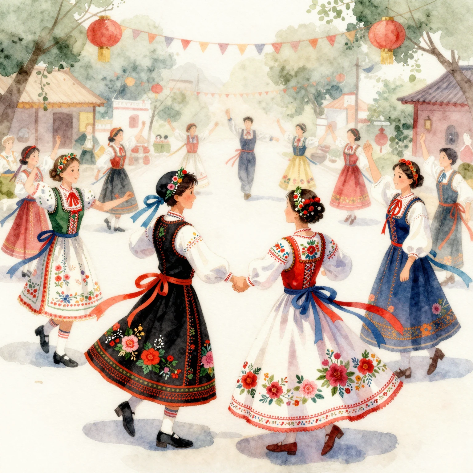 Highly detailed watercolor illustration of traditional folk ...