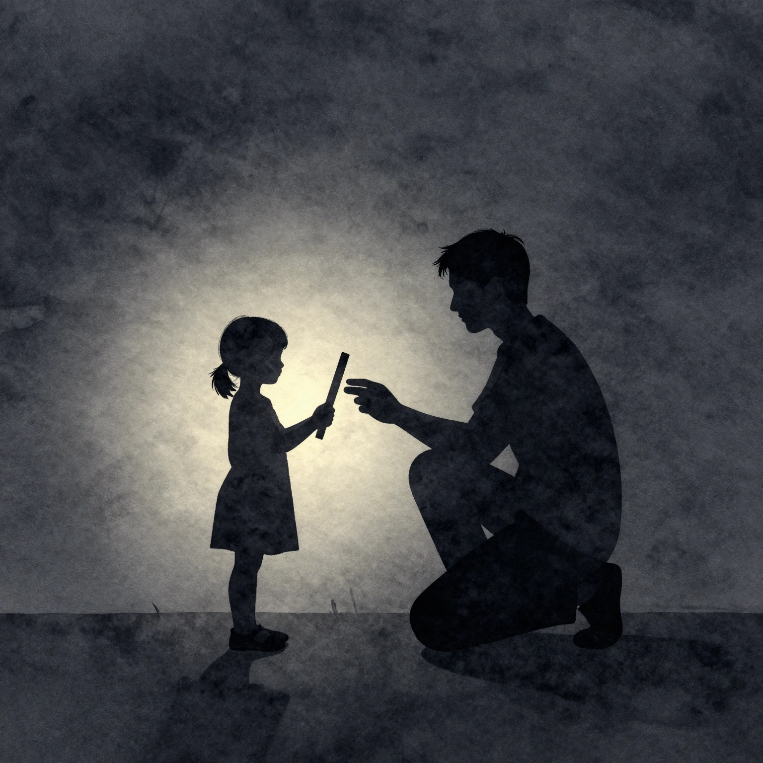 Watercolor style silhouette of a small child holding a frame...