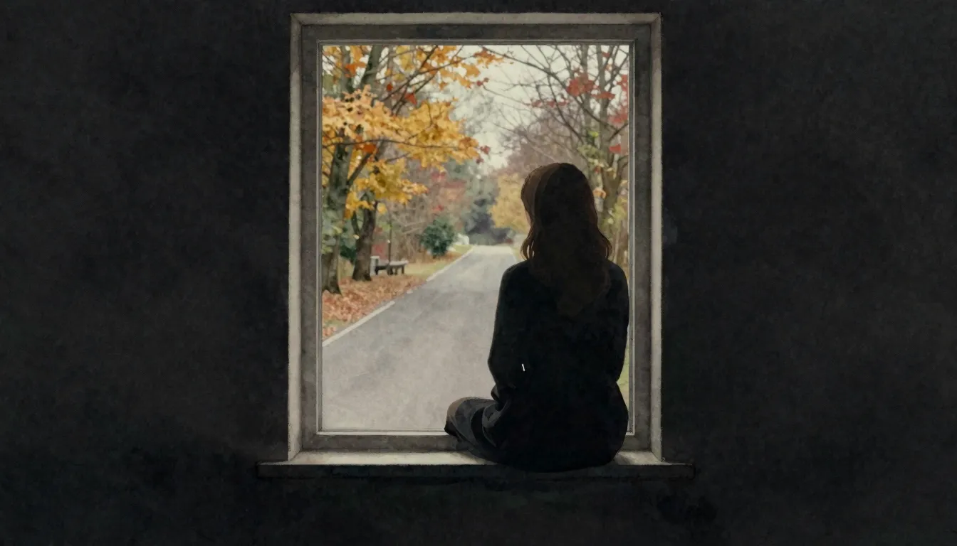 Watercolor style. A dark room with a window, a silhouette of...