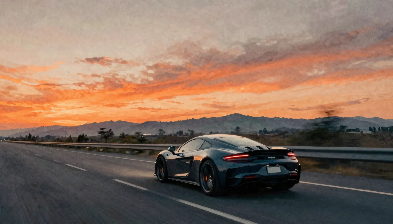 Vibrant watercolor style. A lonely sports car driving fast o...