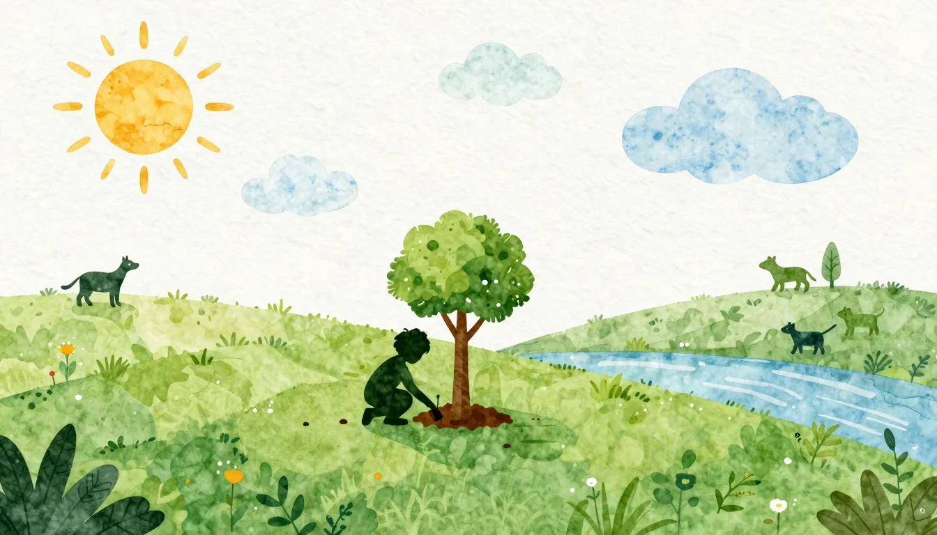 Watercolor style. Silhouette of a child planting a tree on a...