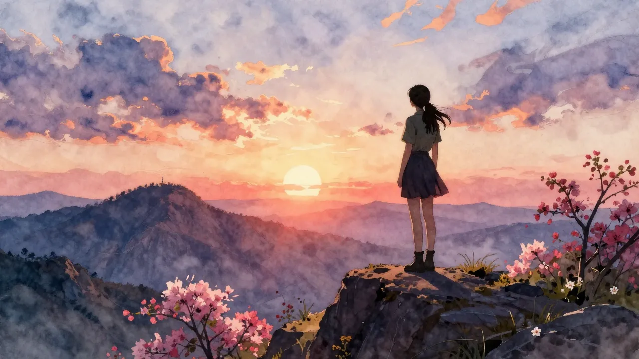 Watercolor style. Silhouette of a girl standing on a high mo...