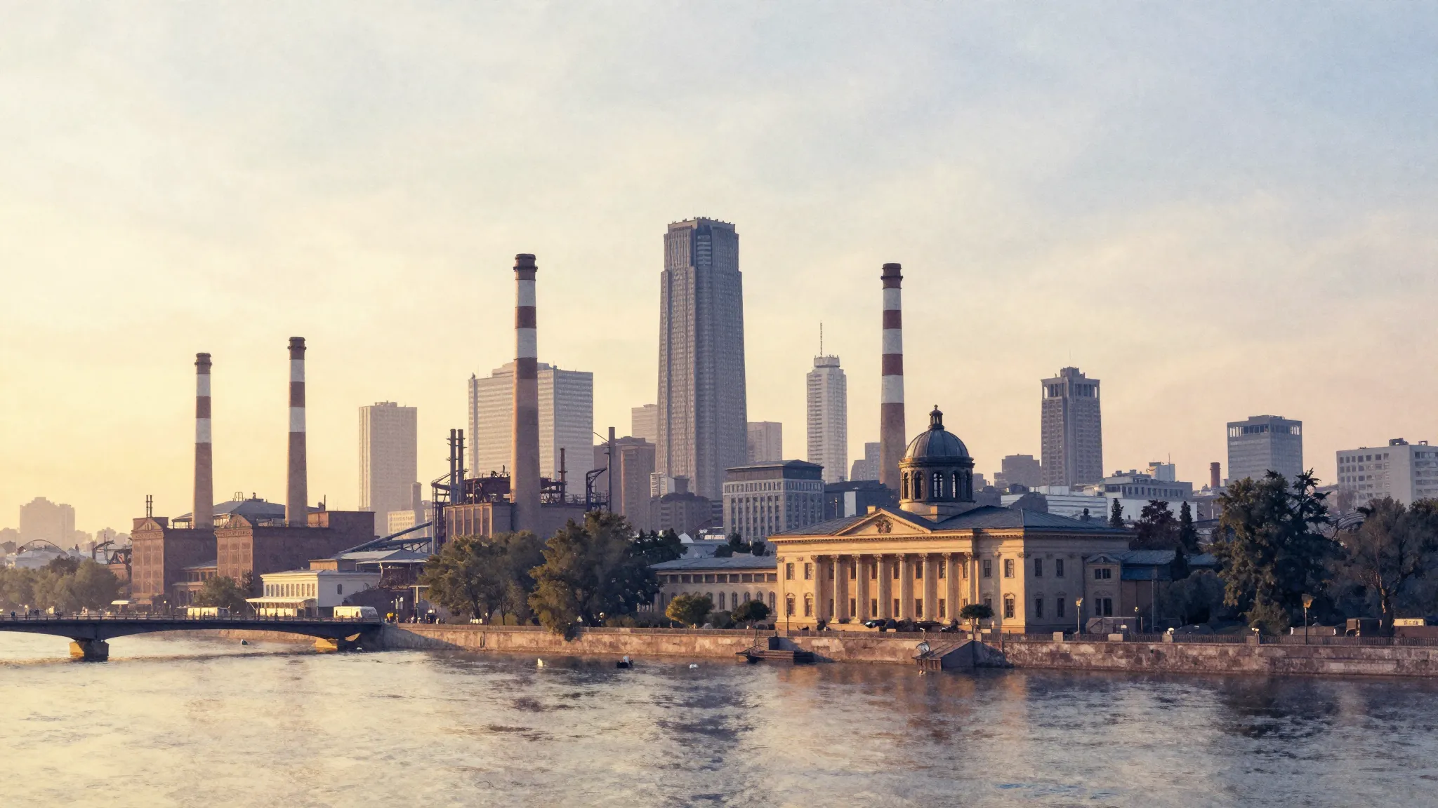 Watercolor style. A majestic silhouette of a city skyline by...